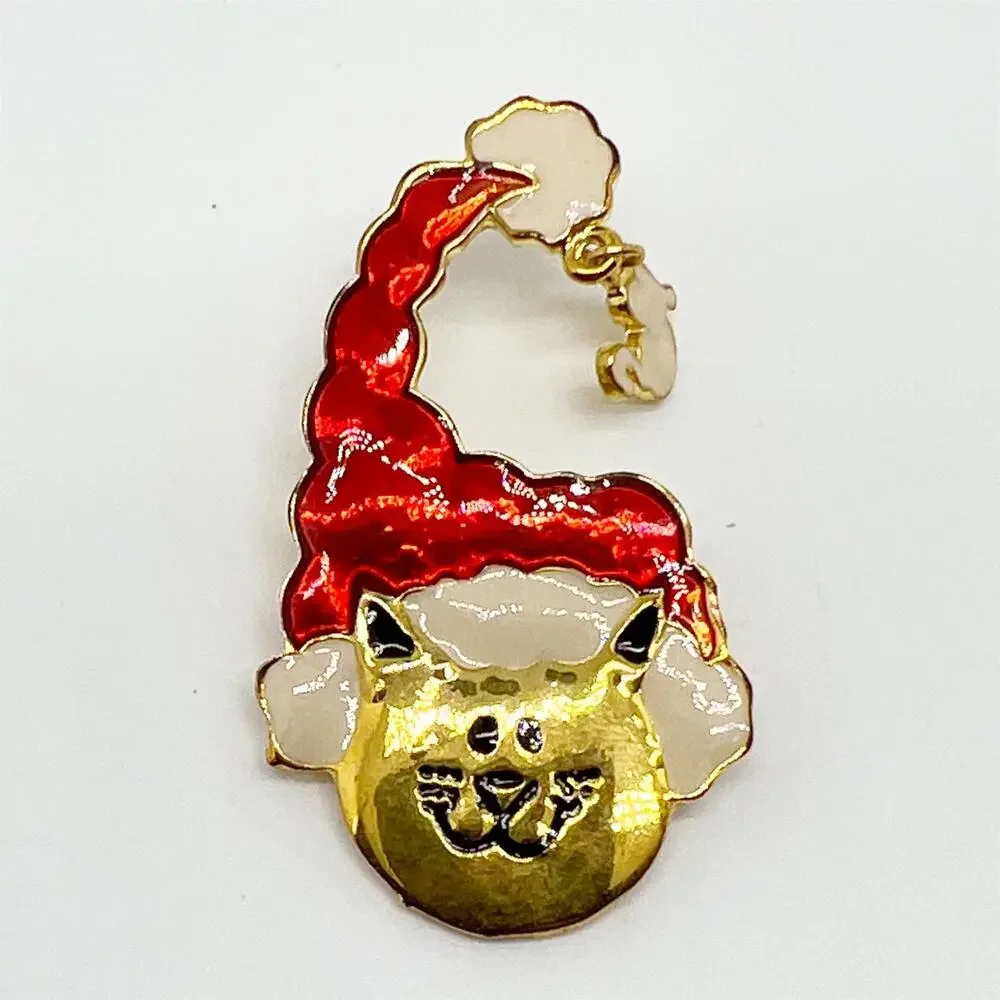 🔥 NEW Gold Tone Christmas Cat Santa Claus Brooch Pin